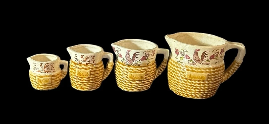 Tilso Hand Painted Rooster Design Basket Weave Ceramic Measuring Cups Vtg Japan
