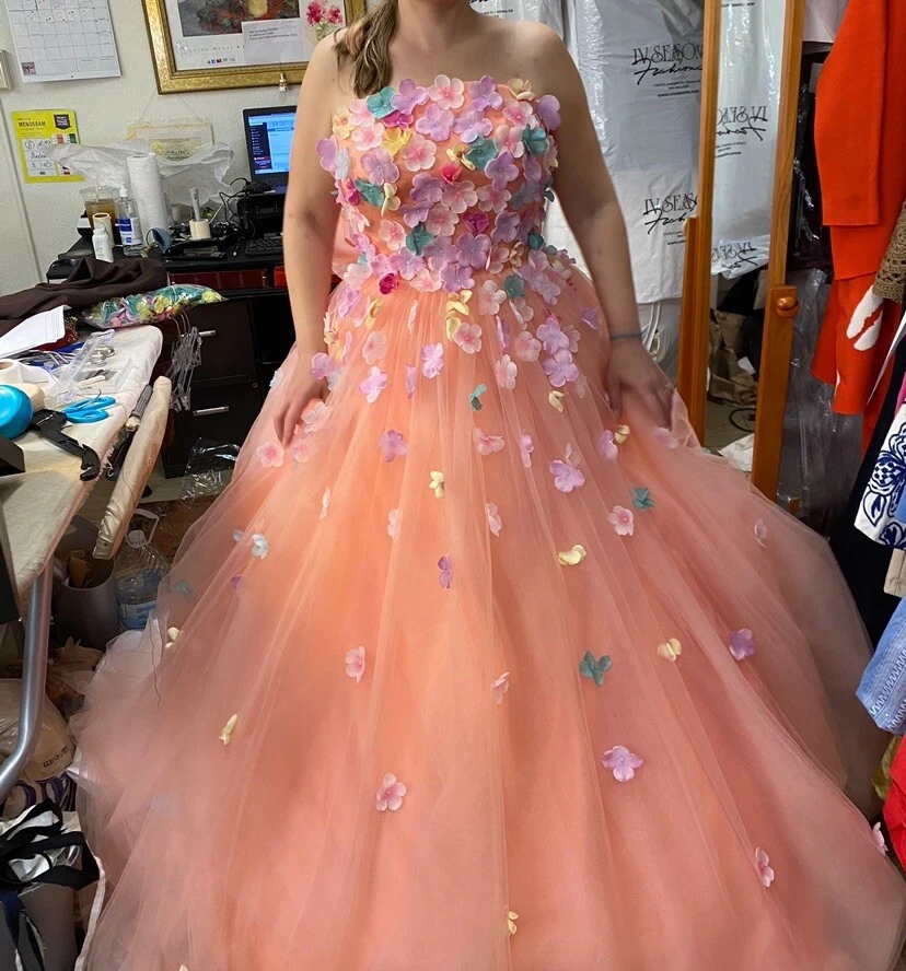 Vestido de novia personalizado de tul melocotón con apliques florales de quinceañera talla L/XL Foto 3 de 4