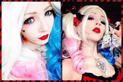 Suicide Squad Harley Quinn Cosplay Curly Hair Costume Wig Pink Blue Gradient 20''