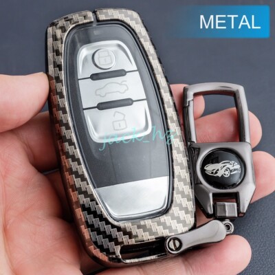 Carbon Fiber Pattern Key Fob Case Cover & Chain For Audi A4 A5 A6 A7 A8 Q5 - Black Silicone