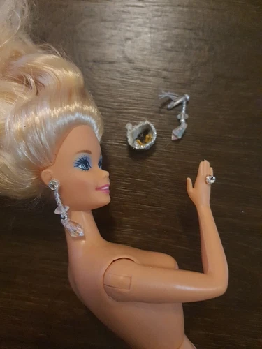 Vintage Barbie Doll Jewelry Set PARTY SILVER Earrings Ring Hair Tie Accessories