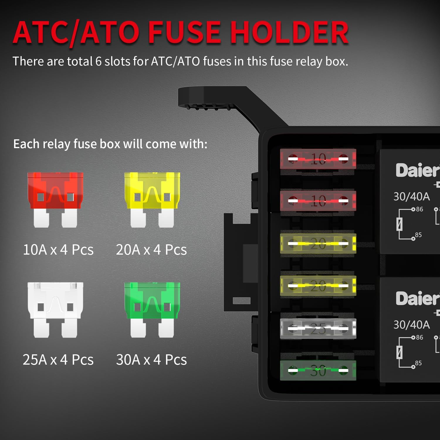 Daiertek 12V Relay Box 6 Slots Fuse Relay Block 6 Slots ATC/ATO Fuse and Relay B
