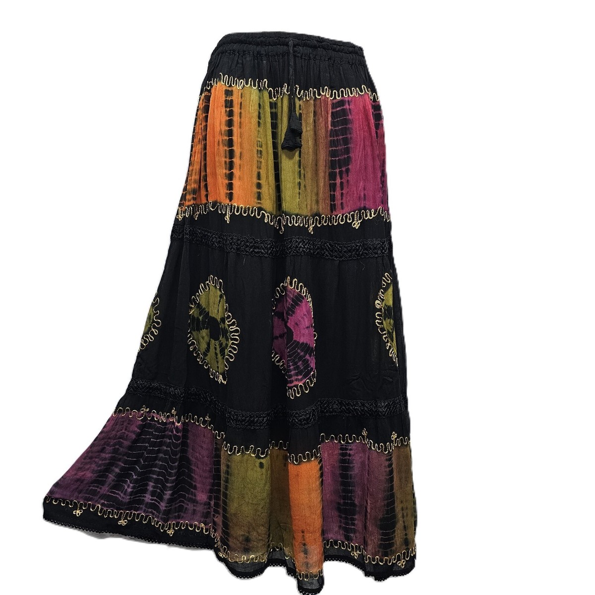 Bohemian Maxi Skirt Tie Dye Georgette Embroidered BLACK One Size