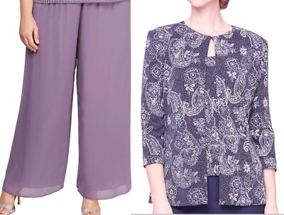 ALEX EVENINGS 3pc Twinset + Wide Leg Chiffon Culotts Dress Pants SET 2X 18W 20W