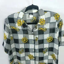 VINTAGE 80s Kiss Me Shirt Womens Medium Button White Checkered Gold Blouse Tile