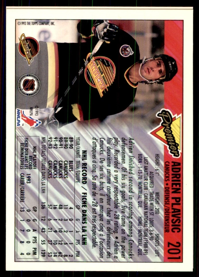 1993-94 Topps Premier Gold Adrien Plavsic Vancouver Canucks #201 - Image 2 of 2