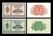 2x 1 + 2 Kroner - Ausgabe "Skillemyntsedler" 1940 - 1950 - Reproduktion - 07