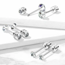 Surgical Steel Pair Prong Set CZ Gem Stud Earrings w/ Gem Centered Screw Back 