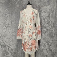 Fraiche by J Womens M Floral V-Neck Bell Sleeve Mini Dress Boho Sheer Fairycore