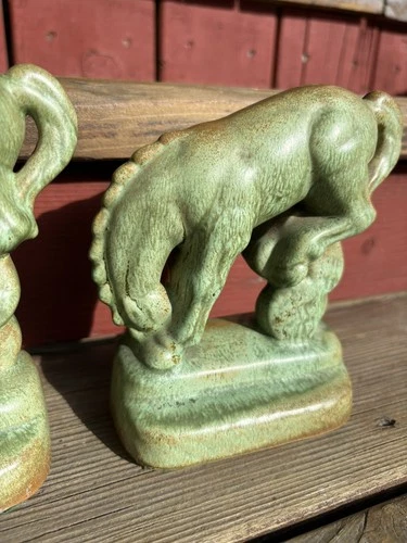 Vintage 5 1/2" Tall Frankoma Art Pottery Horse/Charger Bookends - Green Matte