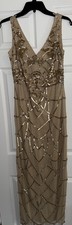 JS Collections Womens BEIGE Embroidered GOLD Sequined/BEADED Evening Dress Gown 