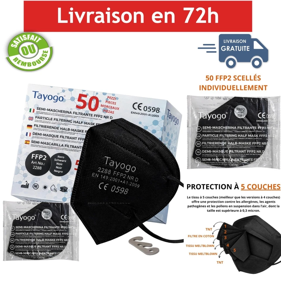 50 Masques FFP2 Tayogo CE Noir 5 Couches Jetables - Photo 1/4