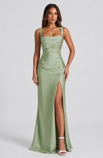Satin Sage Green Bridesmaid Formal Prom Pleated Mermaid Dress Corset Back 4 S