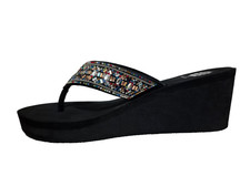 YELLOW BOX BLACK WEDGE RHINESTONE THONG SANDALS  NEW  WOMENS SIZE 8.5