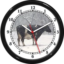 Winter Cow Black White Wall Clock Snow Farmhouse Serene Snow 0825