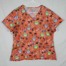 Women's ScrubStar Owls Animals Medical Scrub Top Lrg. Salmon Orange. Multicolor.