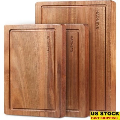 Acacia Wood Cutting Board Set 3 Piece Kitchen Chopping Board W/ Juice Groove New
