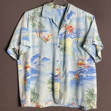 Vintage Hawaiian Shirt Mens Extra Large Blue Sun Faded Tone Camp Collar 1970s