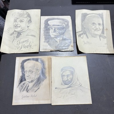 Vintage 50er Jahre Bleistift Portrait Zeichnung auf Papier signiert datiert berühmte Personen