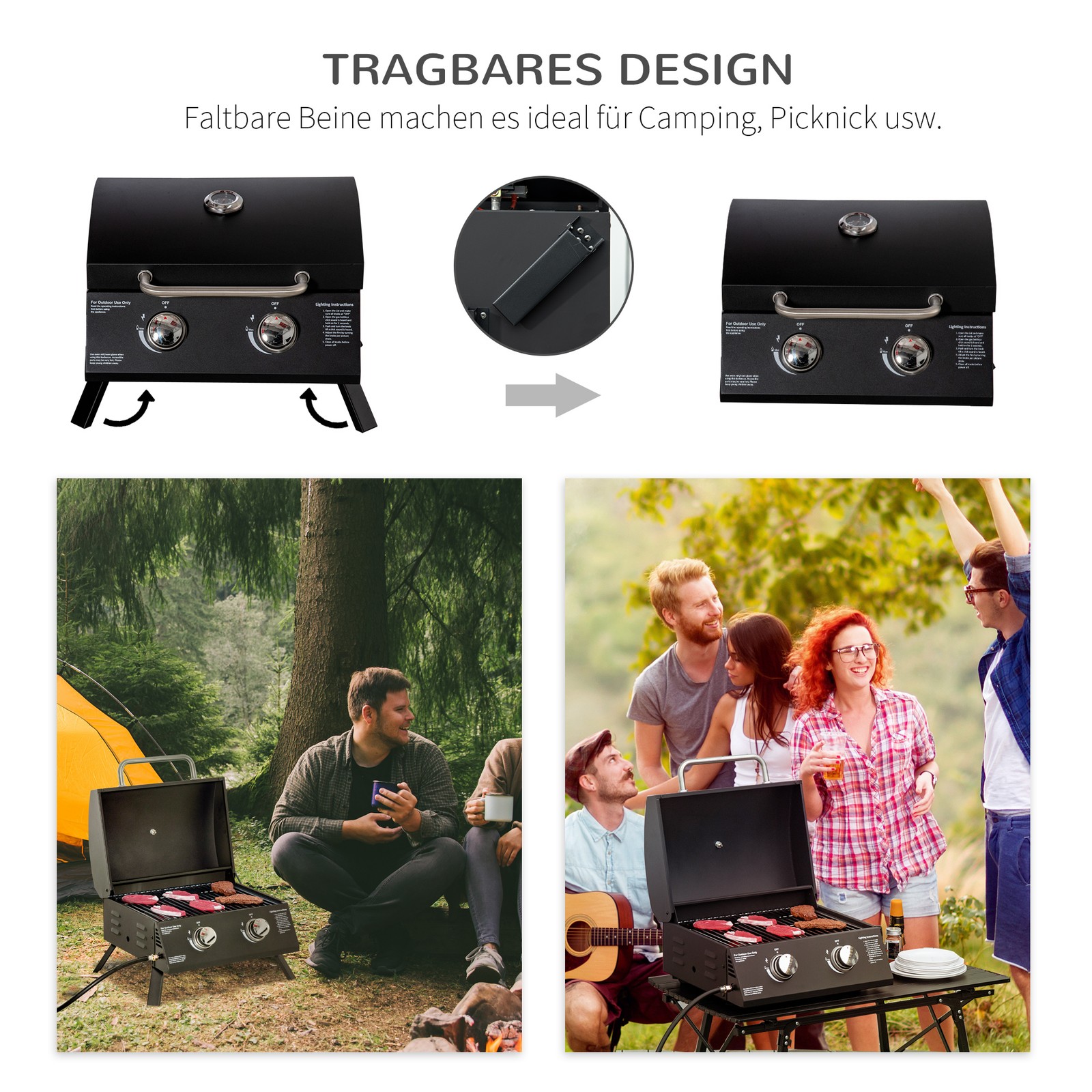 Gasgrill BBQ Tischgrill 2 Brennern Camping Grill mit Grillnetz Schlauch