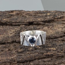 Round Genuine London Blue Topaz Daughter Band Bezel Set Ring 925 Sterling Silver