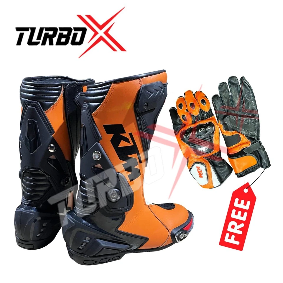 New KTM Bikers Motorbike Motorcycle Racing Leather Shoes / Boots Free Gloves - Image 2 of 4