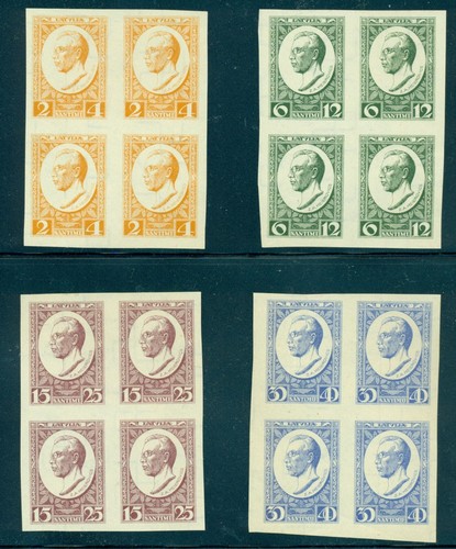 LATVIA ARCHIVE PROOF Mi.144-146, 148 MEIEROVICS in 4-BLOCKS Wz.RV no gum
