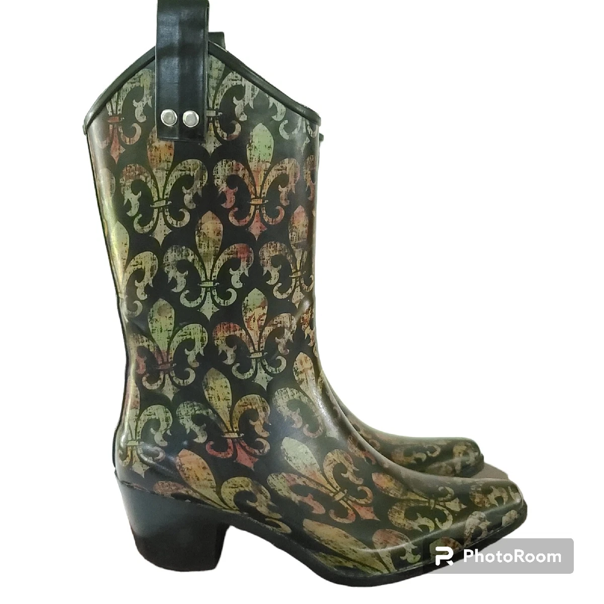 Bops Womens Rubber Cowboy Western Waterproof Rain Boots Size 8 Paisley Floral