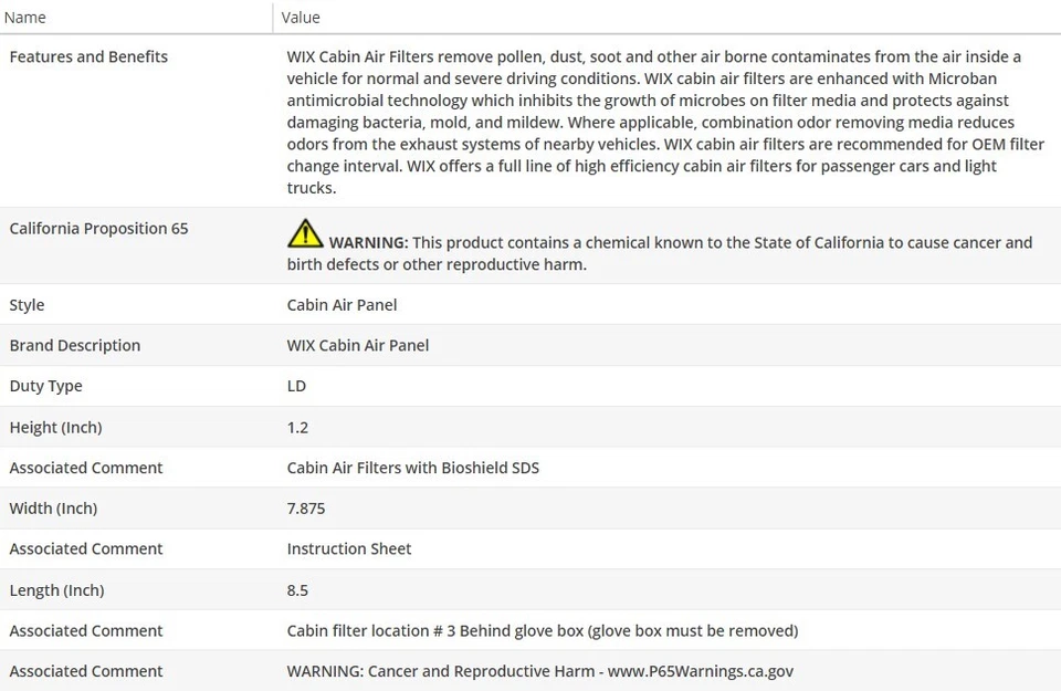 Filtro de aire de cabina WIX para Infiniti FX35 2003-2008 V6-3,5 L Foto 3 de 4