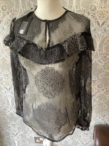 Ladies S Nu Black Top Blouse Lace Ruffle Evening cocktail mesh Web Long Sleeve - Picture 2 of 7
