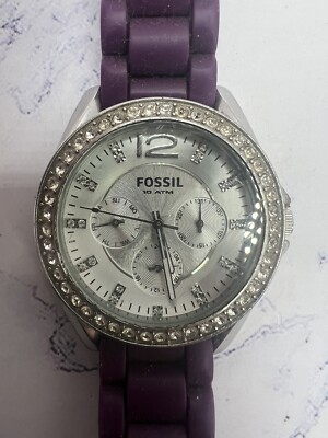 Fossil 10 ATM Purple Rhinestone Analog Wristwatch with
