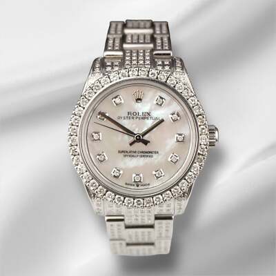 ᖇ ·͜·☆⡱ Rolex Oyster Perpetual 31mm Midsize ICED 8ct Diamonds Pearl Steel
