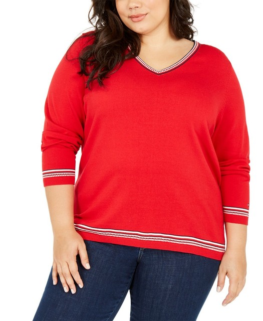 Tommy Hilfiger Womens Red Long Sleeve V 