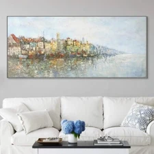 Hand Painted City On Lake Abstract Oil Painting On Canvas Abstract Wall Art