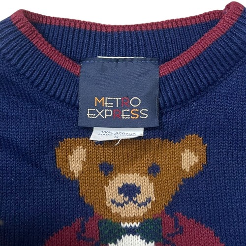 Vintage Metro Express Boys Teddy Bear Crewneck Sweater Navy Small Winter Holiday - Picture 4 of 10