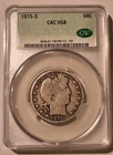 1915-S Barber Half Dollar Silver 50c CAC Certified VG8 Nice Original Coin