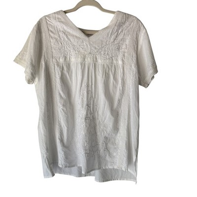 Chic Connection Peasant Shirt 1X White Embroidered Boho Short Sleeve Cotton