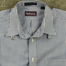 Hathaway Shirt Mens 16-34 Blue Gingham Pima Pinpoint Oxford Made in USA Classic