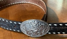 Vtg Genuine Cowhide Tooled Acorn Oak Western Belt Engraved Buckle Made in USA 36