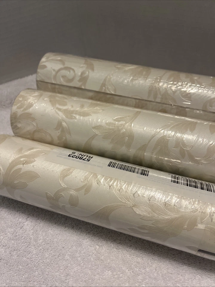 TRES NUEVOS ROLLOS DE PAPEL TAPIZ Waverly vintage sellados blanco crema hoja de oro en relieve Foto 2 de 4