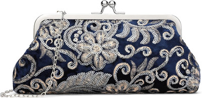 Clutch Purse for Women Floral Embroidery Sequin Evening Bags Elegant Kiss Lock W