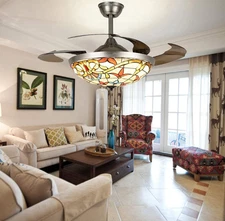 42" Retro American LED Chandelier w/Remote Control Retractable Ceiling Fan Light