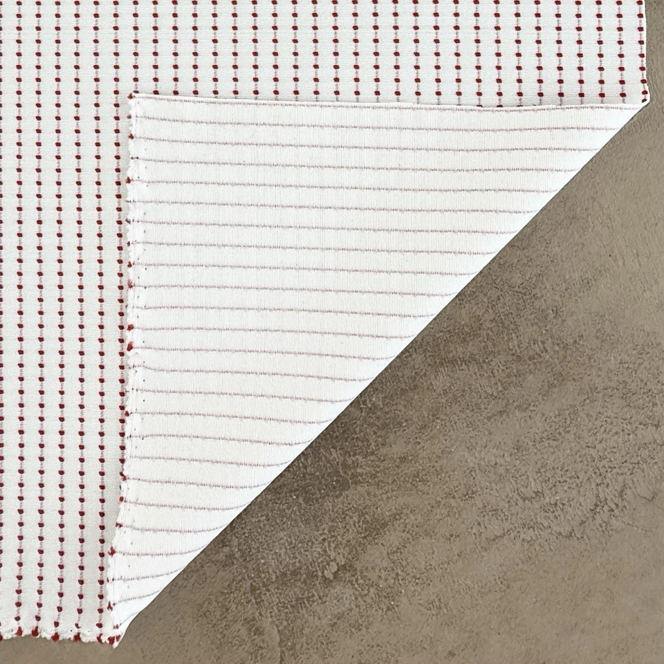 VTG Fabric 1970s 70s White Red Polka Dot 63x69x59 Stretch Polyester Knit 3.5+yds - Image 2 of 4