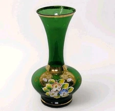 🌺Vintage Handblown Murano Style Bohemian Green Gold Rim 5.75" 3D Painted Flower