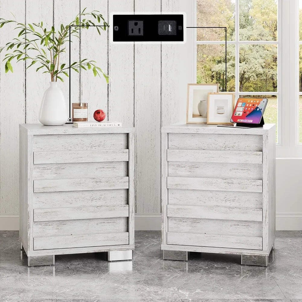 Farmhouse Nightstand Set of 2 with USB Charging Station and Storage