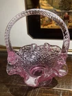 Beautiful Fenton Pink Glass Iridescent Opalescent Mini Diamond Pattern Basket