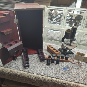Antique Bausch & Lomb Optical Co Microscope  beautiful old Wooden Storage Box