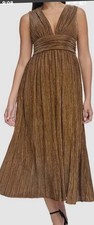 Guess Women's Gold Metallic Chiffon Deep V-Neck Sleeveless A-Line Dress Size 4