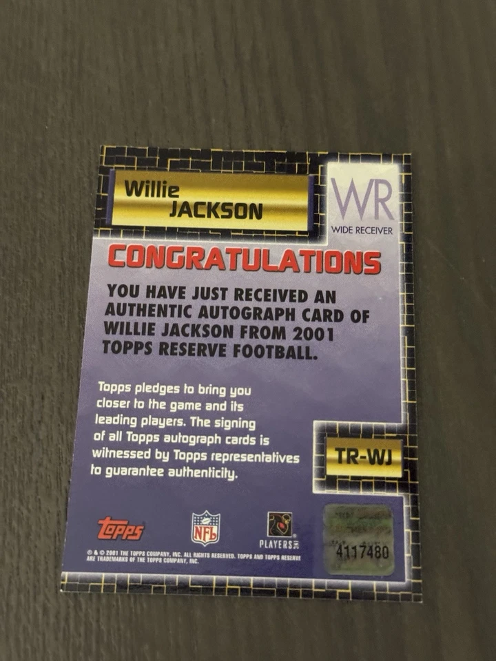 2001 Topps Reserve Autographs #TR-WJ WILLIE JACKSON Signed Auto Football Card - Image 3 of 3