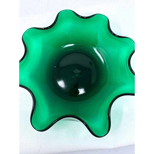 Blenko Emerald Green Art Glass Ruffled Bowl Mid Century Modern Hand Blown 6.5"